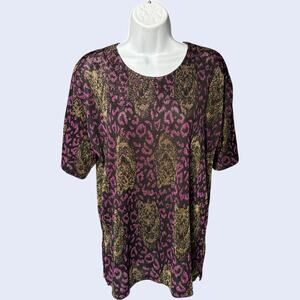 Metallic Leopard Print Short Sleeve Top Black Purple Gold Relaxed Fit Y2K